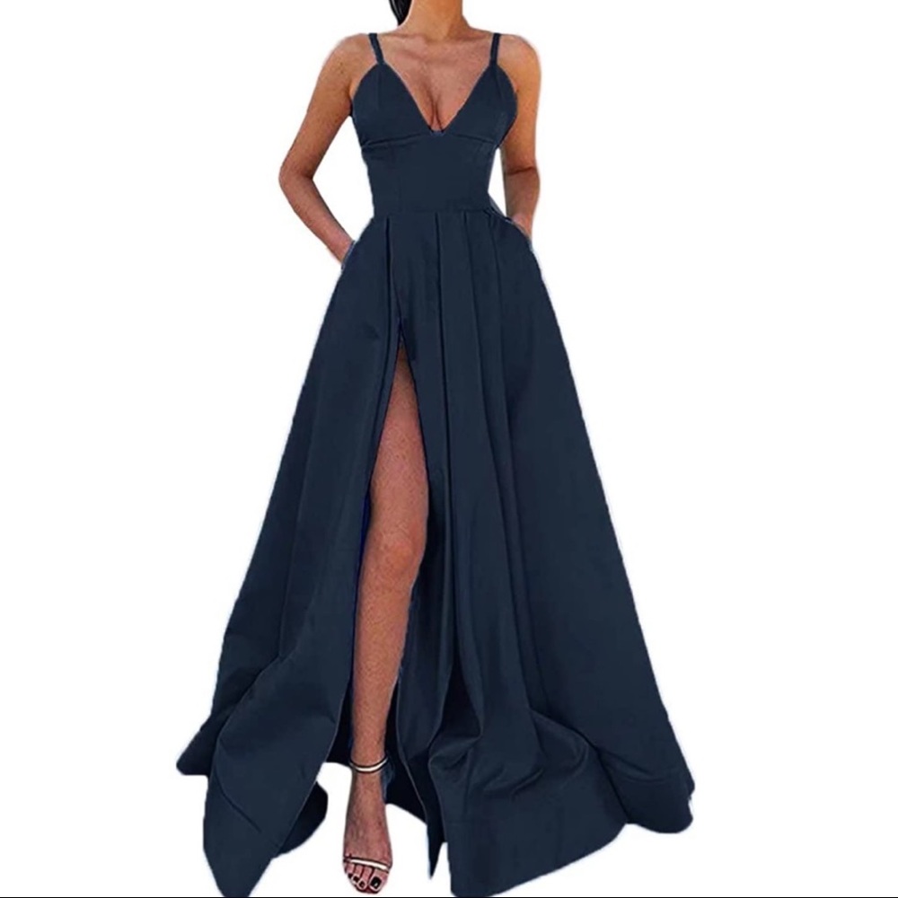Womens Navy Sexy Plunging V Neck Prom Dress with Pocket size 2